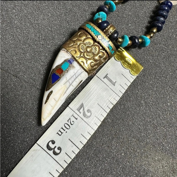 Boho South Western Style Large Inlaid Horn Pendant Turquoise Lapis Jasper Beads - Picture 7 of 9